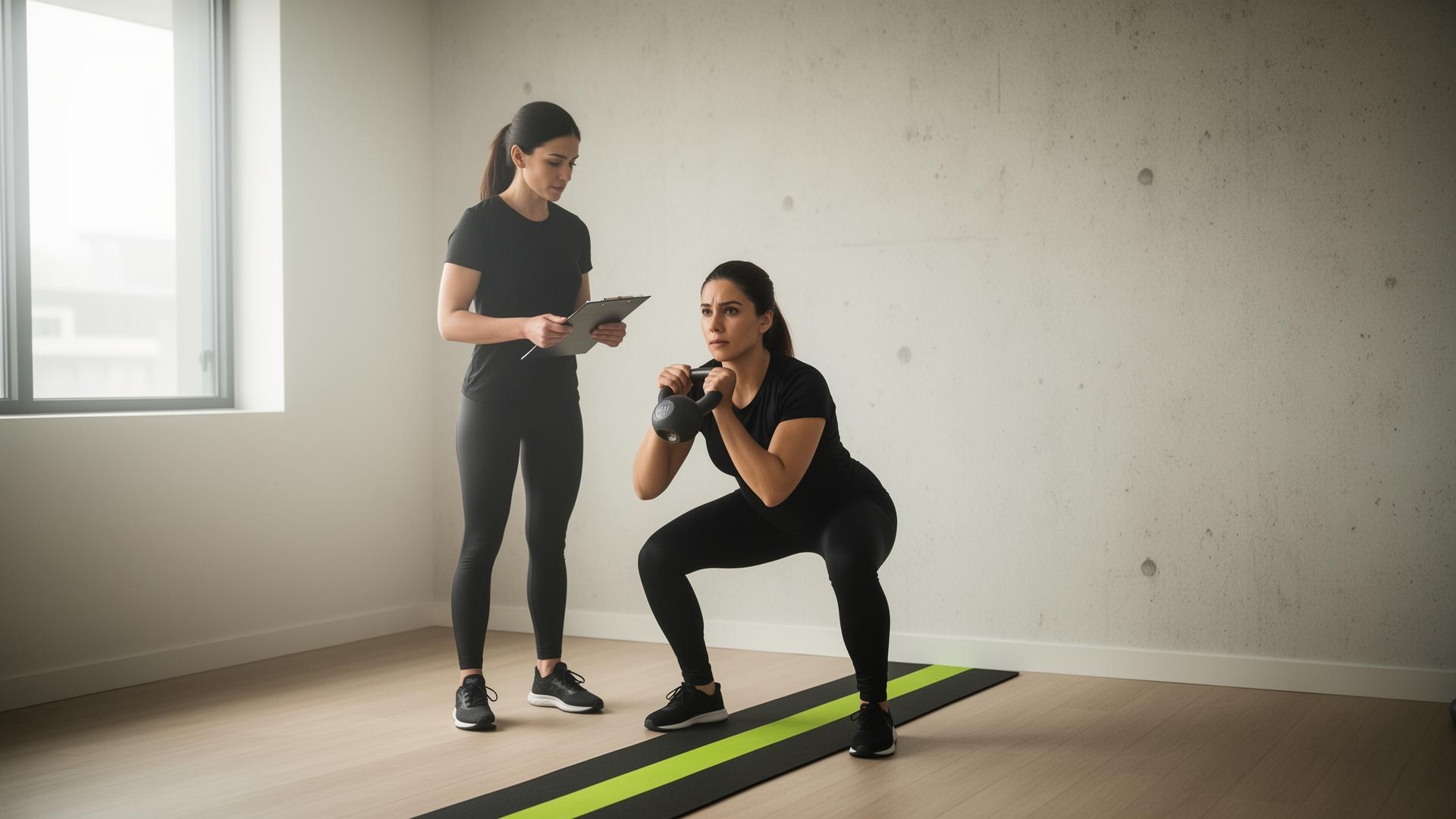 Personal trainer orientando aluna em treino funcional com kettlebell em studio minimalista